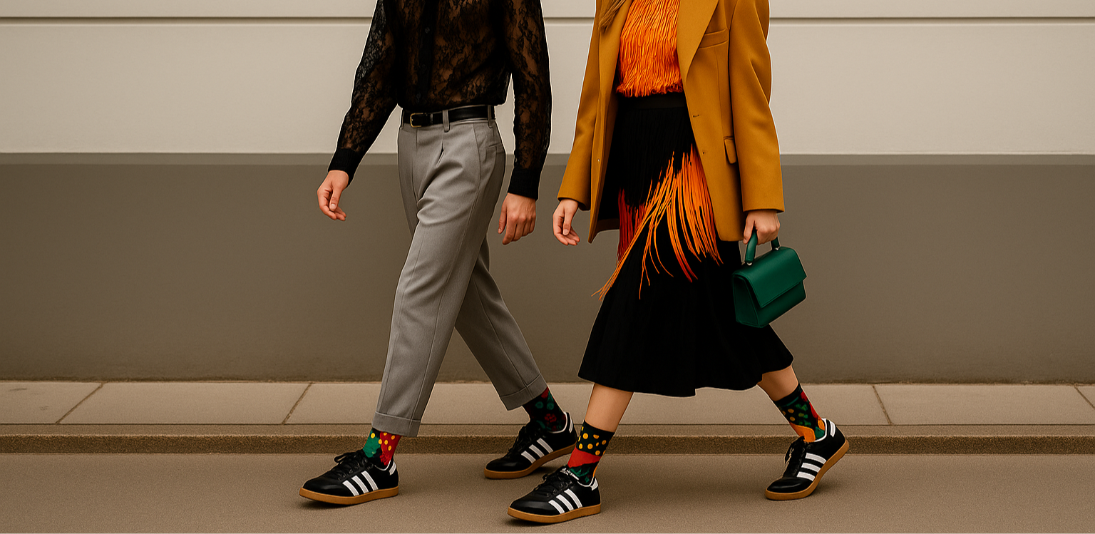 Man and woman walking together on a sidewalk, both wearing Adidas shoes with Colorful Socks