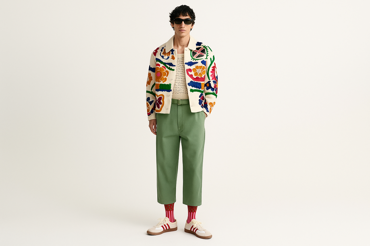 Person wearing a colorful floral jacket, green pants, and red sandals on a white background, and cool socks